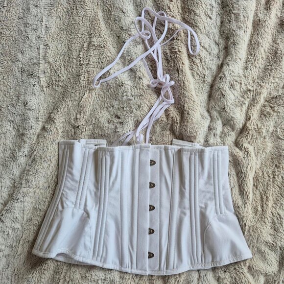 Underbust Waist Trainer In White Cotton Twill -Curved Hem And Hip Panels - Picture 1 of 7